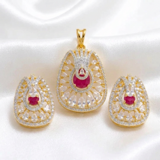 Gold Plated CZ Ruby Red Stone Pendant Set | Oval American Diamond Ethnic Jewelry Set