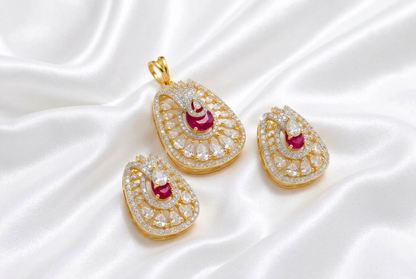 Gold Plated CZ Ruby Red Stone Pendant Set | Oval American Diamond Ethnic Jewelry Set