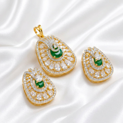 Gold Plated Cubic Zirconia Emerald Green Statement Pendant & Stud Earrings Set