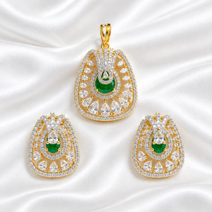 Gold Plated Cubic Zirconia Emerald Green Statement Pendant & Stud Earrings Set