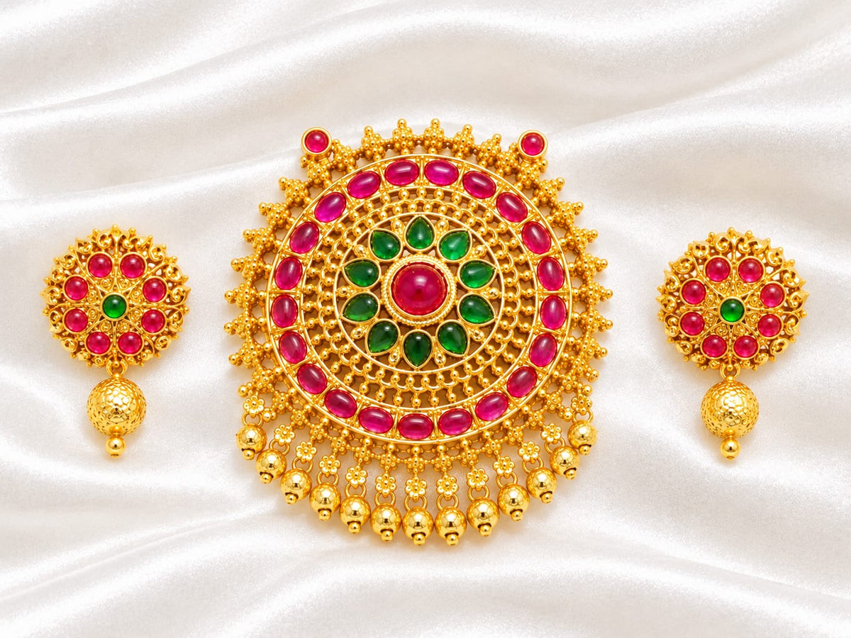 Traditional Gold Plated Ruby Green Stone Pendant Set with Matching Jhumka Earrings