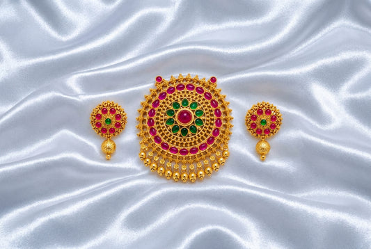 Traditional Gold Plated Ruby Green Stone Pendant Set with Matching Jhumka Earrings