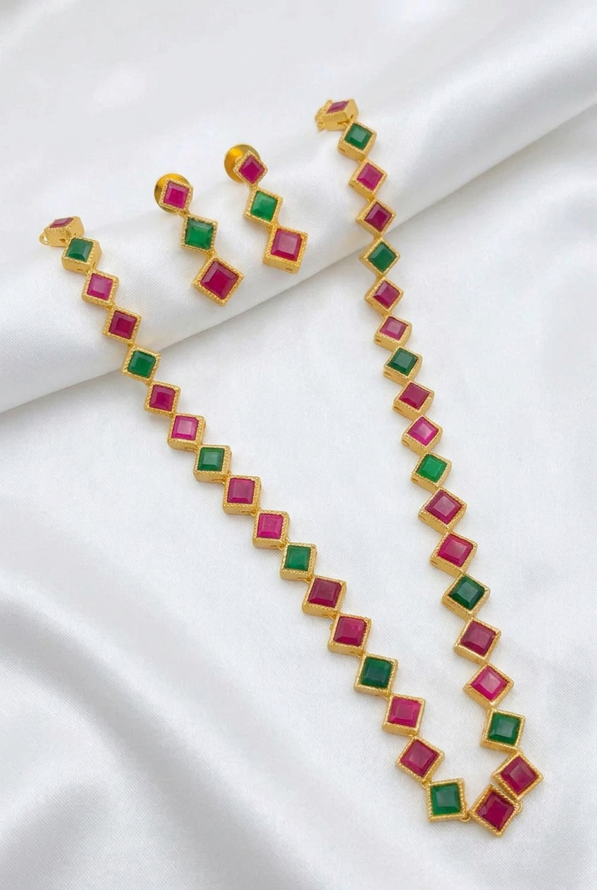 Gold Plated Ruby & Emerald Kemp Square Stone Long Haram Set