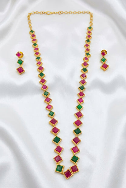 Gold Plated Ruby & Emerald Kemp Square Stone Long Haram Set