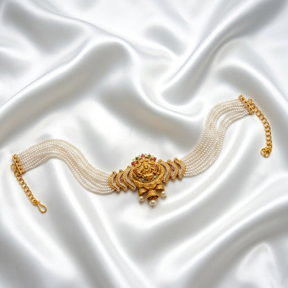 Traditional Gold Plated Lakshmi Pearl Choker Necklace Set with Matching Jhumka Earrings