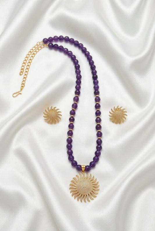 Purple Beaded Necklace Set with Gold-Tone Sunburst Pendant and Matching Stud Earrings