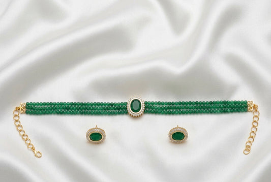 Elegant Emerald Green Beaded Choker & Earring Set | Gold Plated CZ Stone Jewelry