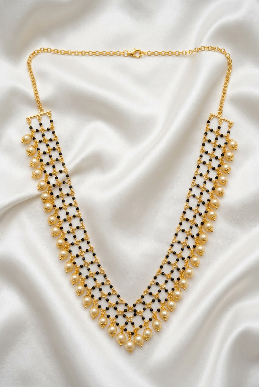 Elegant Gold Finish Mesh Black Bead Mangalsutra Necklace with Golden Pearl Drops