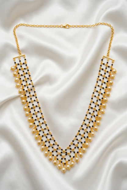 Elegant Gold Finish Mesh Black Bead Mangalsutra Necklace with Golden Pearl Drops
