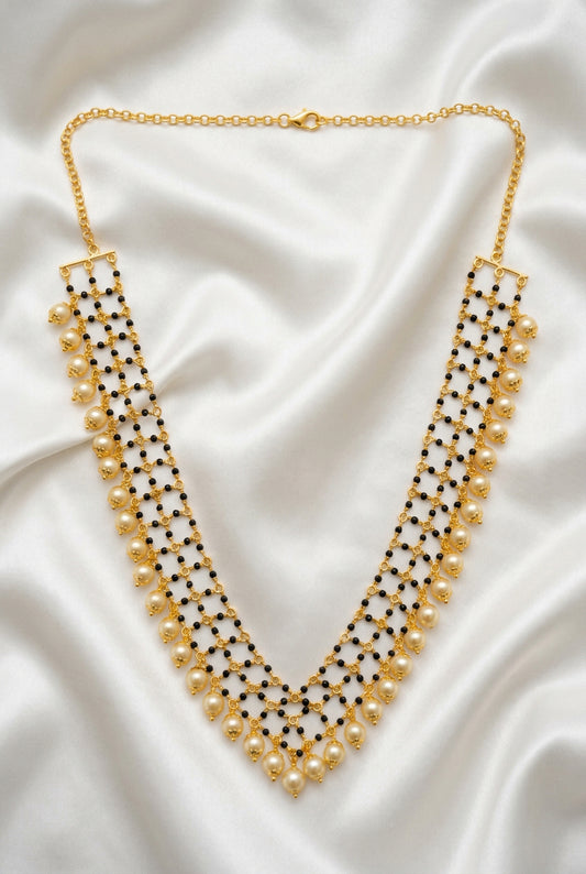 Elegant Gold Finish Mesh Black Bead Mangalsutra Necklace with Golden Pearl Drops