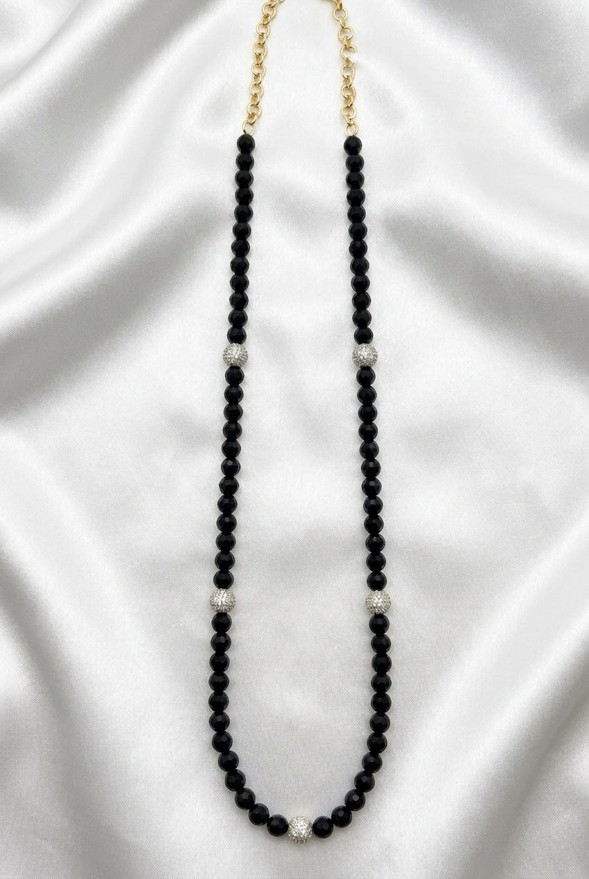 Elegant Black Beaded Long Necklace with Pavé CZ Spacer Balls & Gold Clasp