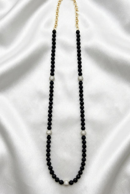 Elegant Black Beaded Long Necklace with Pavé CZ Spacer Balls & Gold Clasp