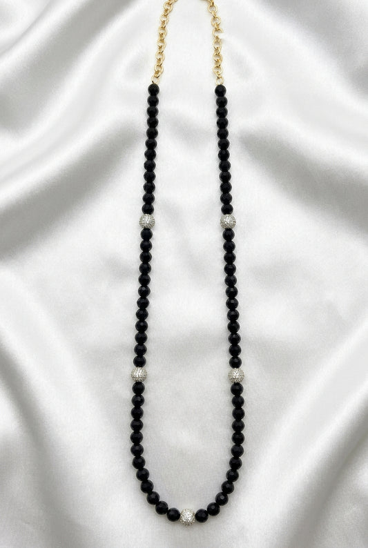 Elegant Black Beaded Long Necklace with Pavé CZ Spacer Balls & Gold Clasp