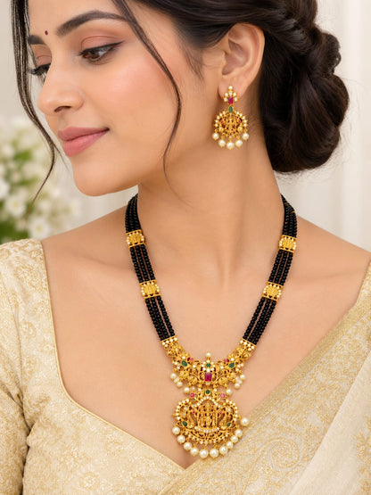 Traditional Goddess Lakshmi Matte Gold Black Bead Long Necklace Set with Matching Earrings