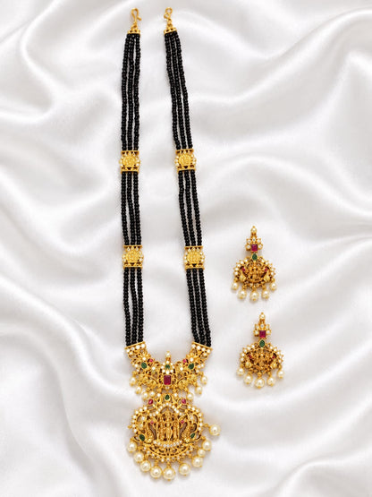 Traditional Goddess Lakshmi Matte Gold Black Bead Long Necklace Set with Matching Earrings