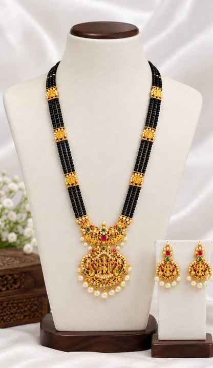 Traditional Goddess Lakshmi Matte Gold Black Bead Long Necklace Set with Matching Earrings