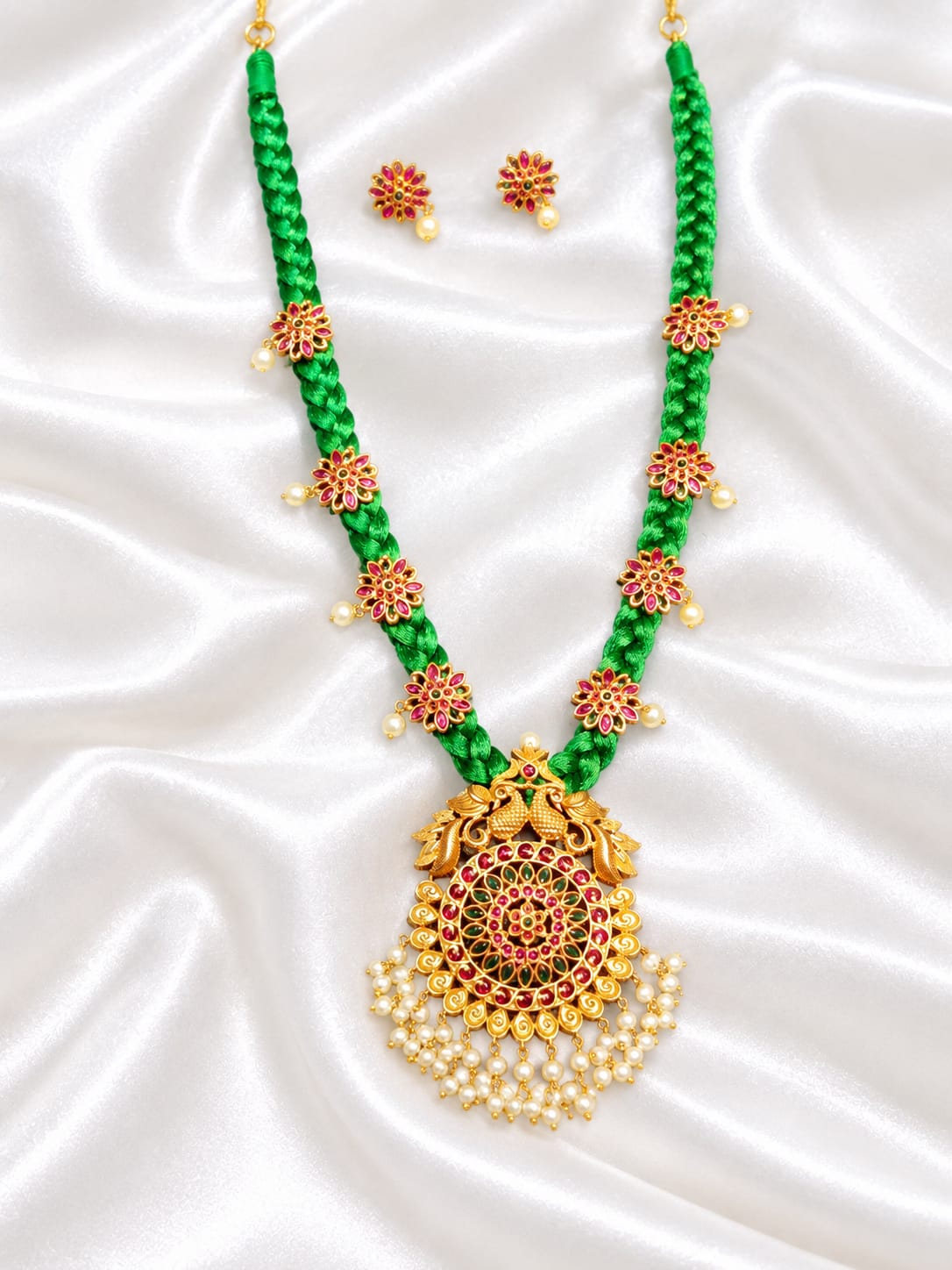 Vibrant Green Silk Dori Necklace with Antique Peacock Pendant & Matching Earrings Set