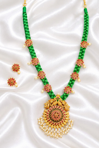 Vibrant Green Silk Dori Necklace with Antique Peacock Pendant & Matching Earrings Set