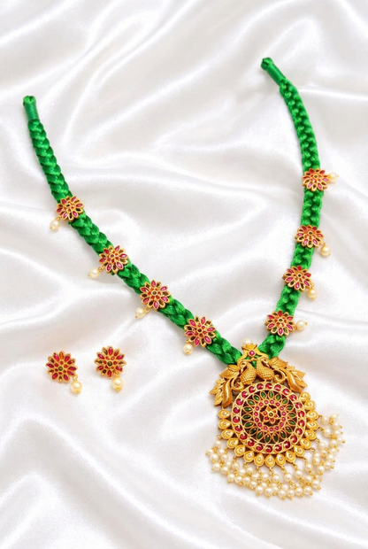 Vibrant Green Silk Dori Necklace with Antique Peacock Pendant & Matching Earrings Set