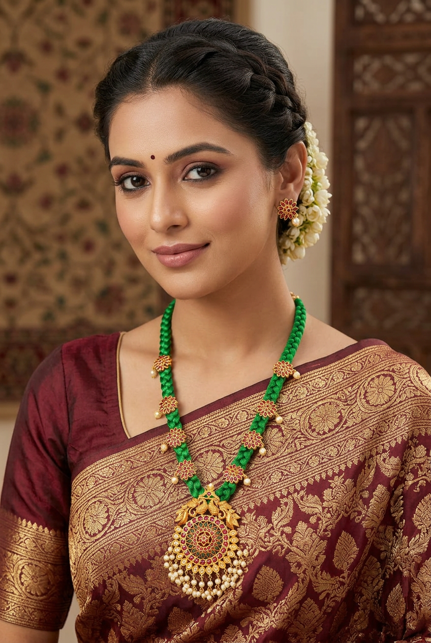 Vibrant Green Silk Dori Necklace with Antique Peacock Pendant & Matching Earrings Set