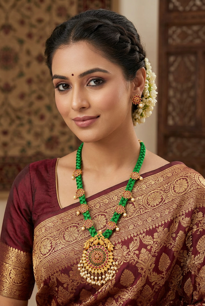 Vibrant Green Silk Dori Necklace with Antique Peacock Pendant & Matching Earrings Set