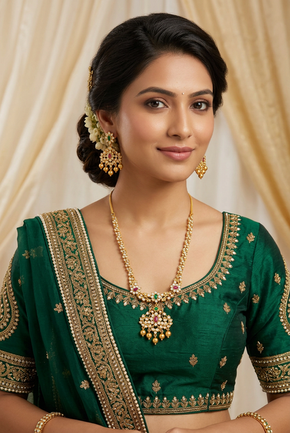 Elegant Matte Gold Floral Unki Pattern Necklace with Ruby & Emerald Kemp Accents