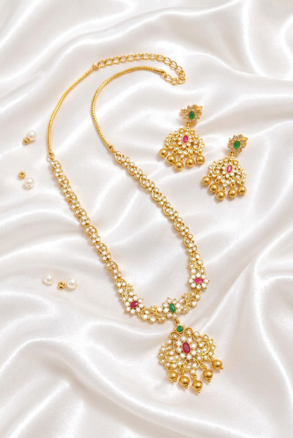 Elegant Matte Gold Floral Unki Pattern Necklace with Ruby & Emerald Kemp Accents