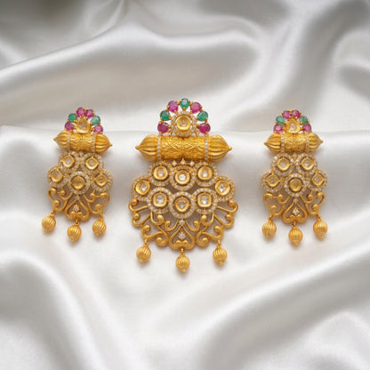 Traditional Gold-Plated CZ, Ruby & Emerald Pendant with Matching Statement Earrings Set