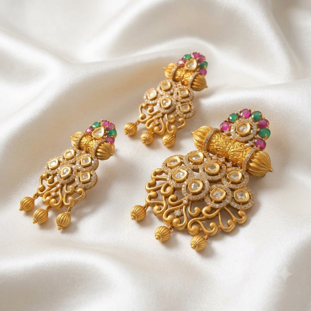 Traditional Gold-Plated CZ, Ruby & Emerald Pendant with Matching Statement Earrings Set