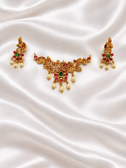 Antique Gold Peacock & Floral Kemp Pendant with Matching Earrings Set