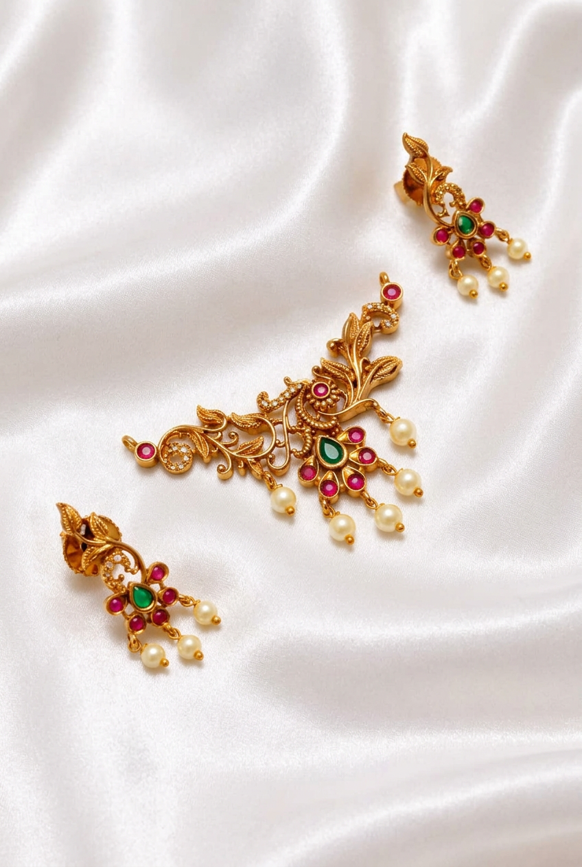 Antique Gold Peacock & Floral Kemp Pendant with Matching Earrings Set