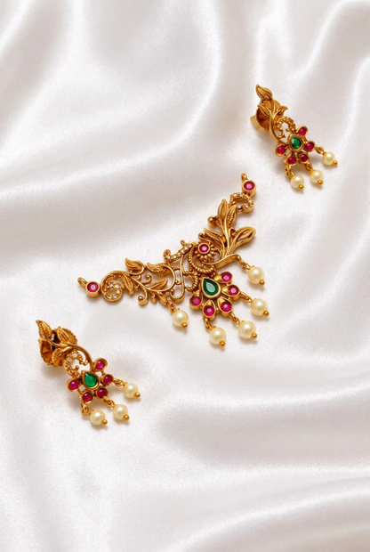 Antique Gold Peacock & Floral Kemp Pendant with Matching Earrings Set
