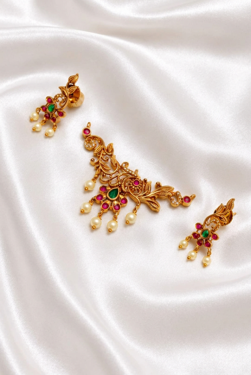 Antique Gold Peacock & Floral Kemp Pendant with Matching Earrings Set