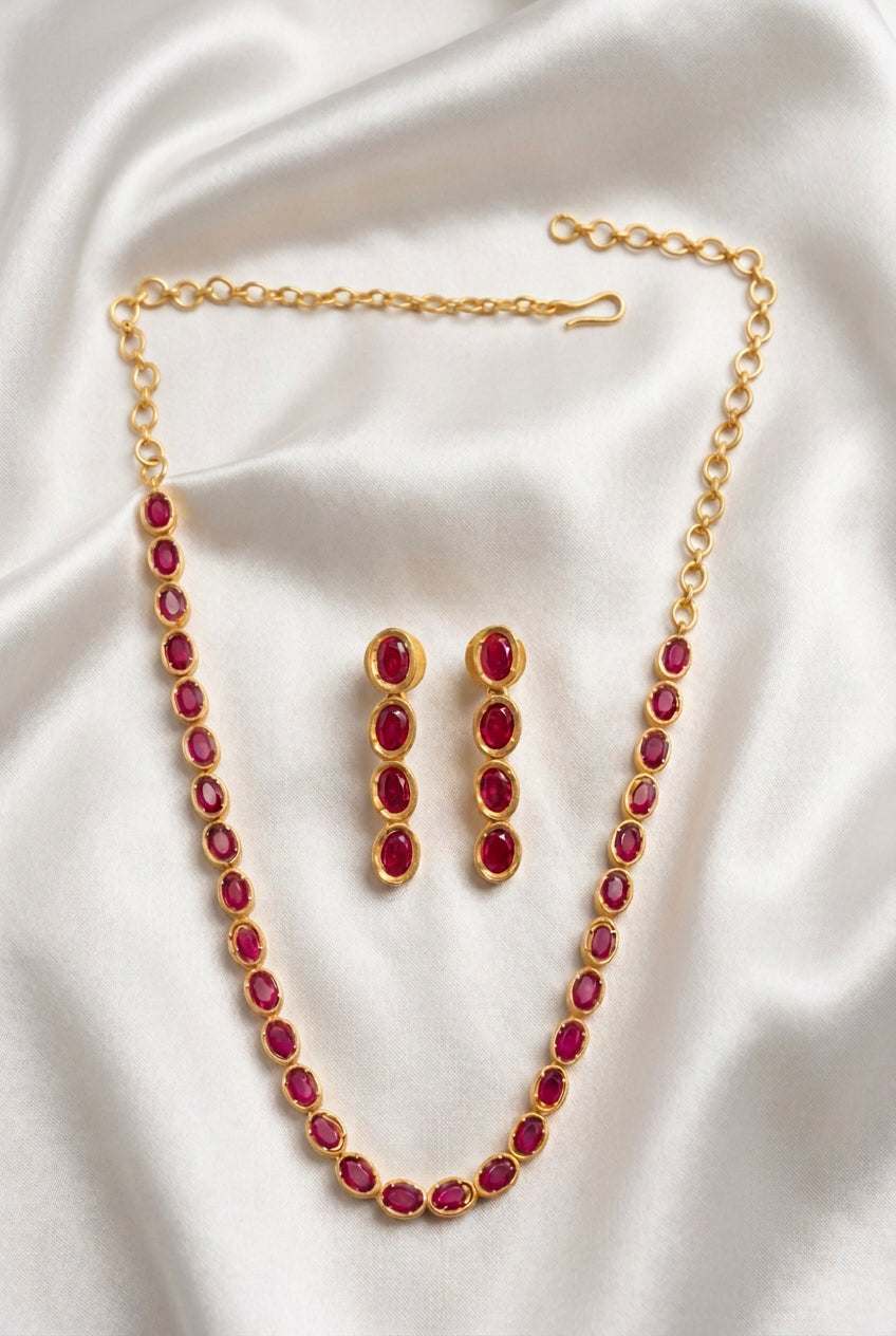 Elegant Bezel-Set Oval Ruby Red Kemp Stone Chain Necklace & Linear Drop Earring Set