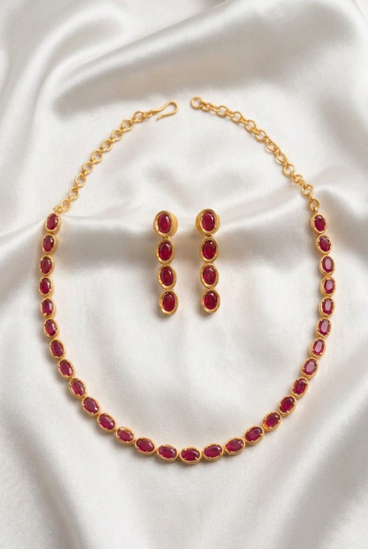 Elegant Bezel-Set Oval Ruby Red Kemp Stone Chain Necklace & Linear Drop Earring Set