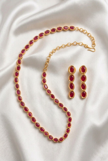 Elegant Bezel-Set Oval Ruby Red Kemp Stone Chain Necklace & Linear Drop Earring Set