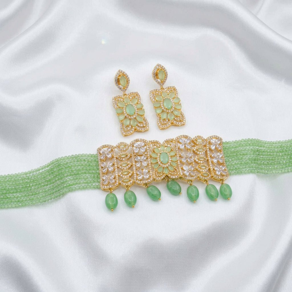 Elegant Mint Green Beaded American Diamond Choker Necklace Set with Back Chain Rope and Matching Earrings