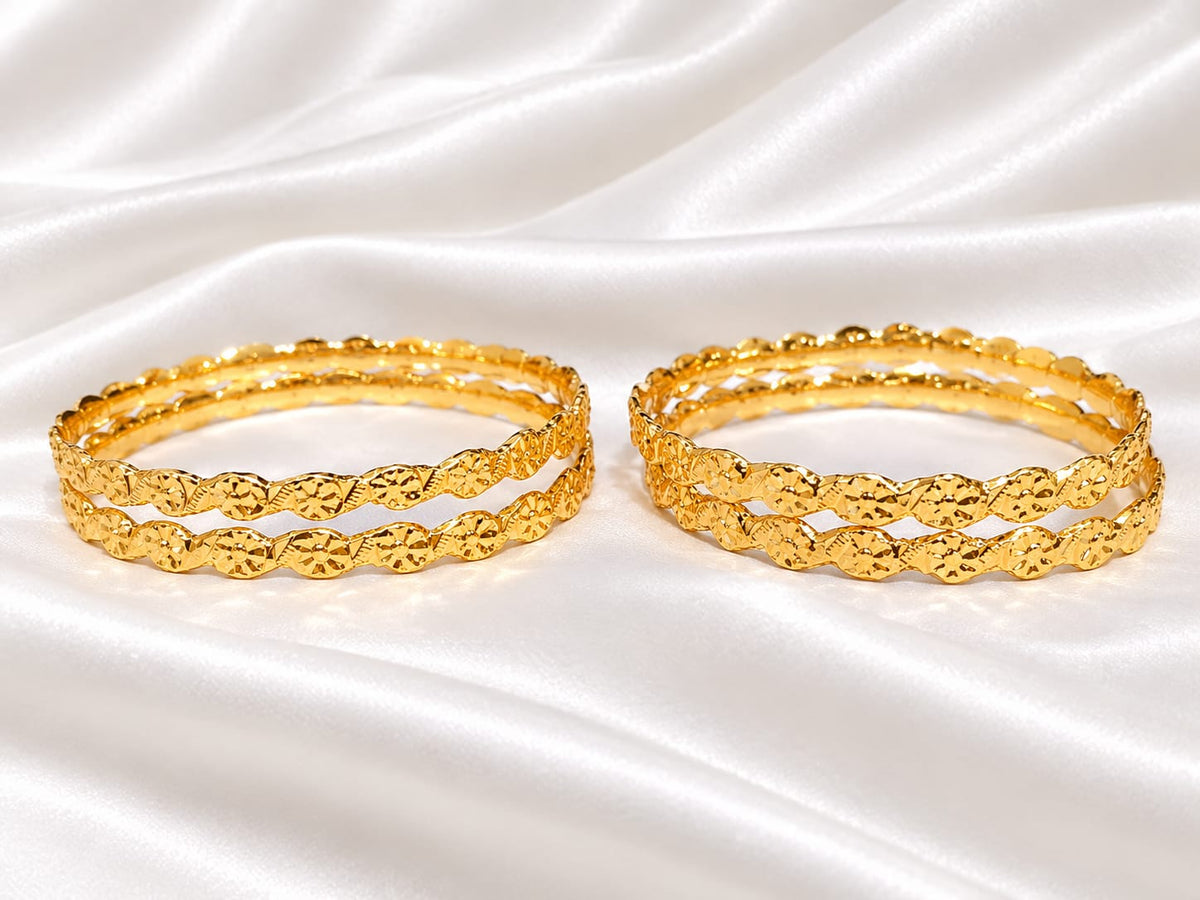 Traditional Gold-Plated Laser Diamond-Cut Floral Thin Bangles (Set of 4)