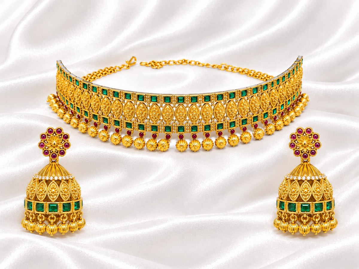 South Indian Antique Gold Choker Set with Green Stones & Matching Jhumki Earrings