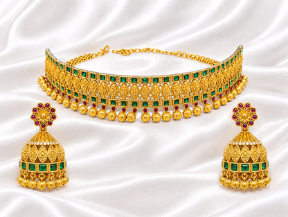 South Indian Antique Gold Choker Set with Green Stones & Matching Jhumki Earrings