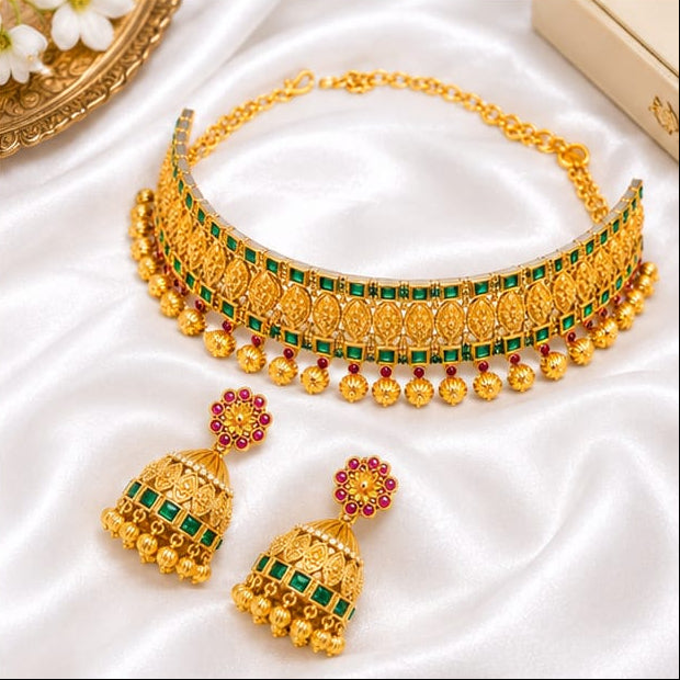 South Indian Antique Gold Choker Set with Green Stones & Matching Jhumki Earrings