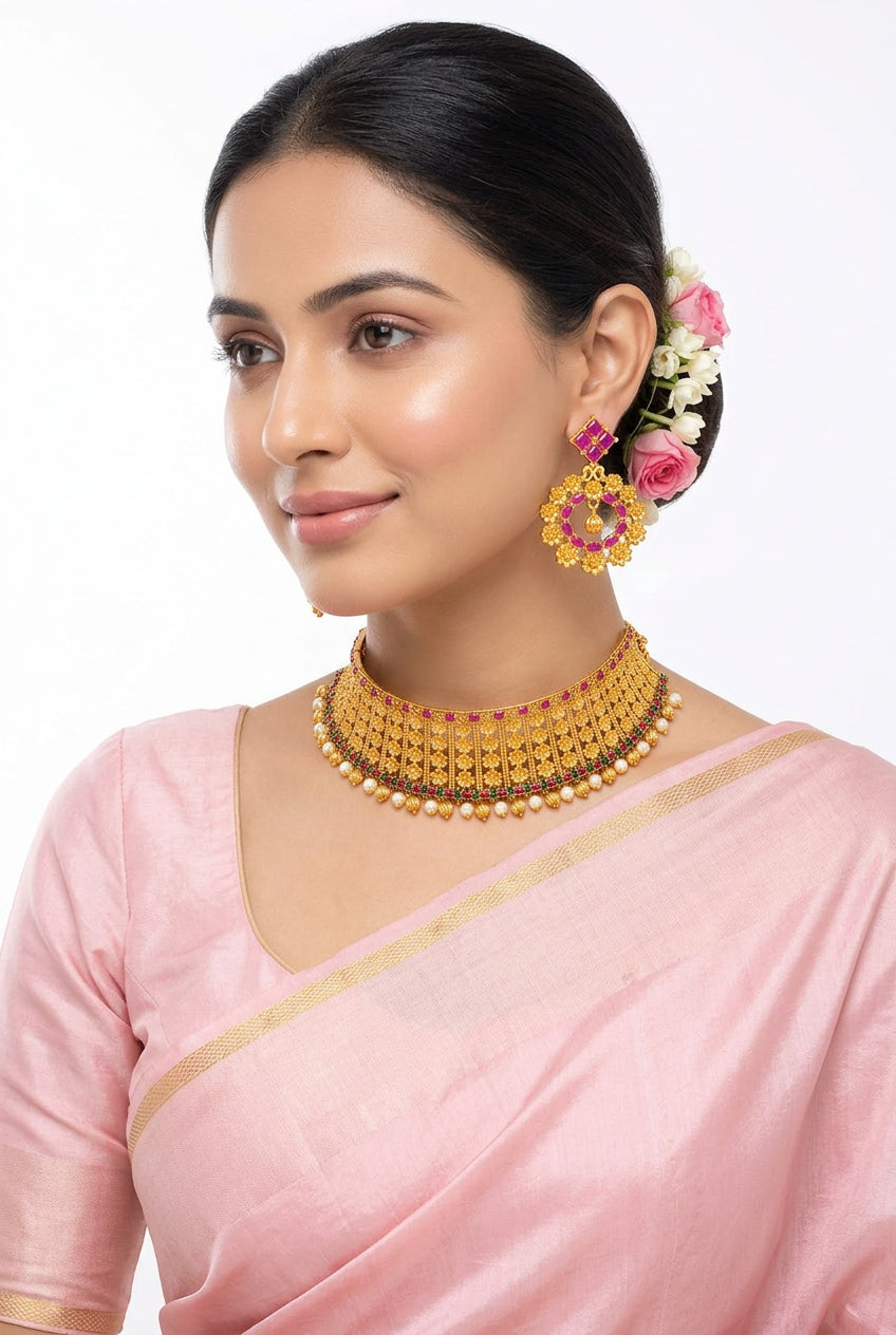 Traditional Gold Plated Kemp & Pearl Choker Necklace Set with Matching Statement Earrings
