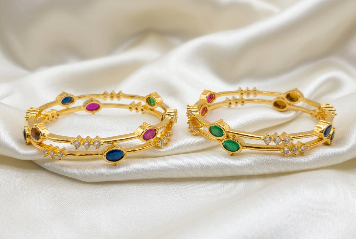 Multi-Color Gemstone Gold Plated Fixed Bangles – Dual Band Oval Stone & CZ Bangle Set