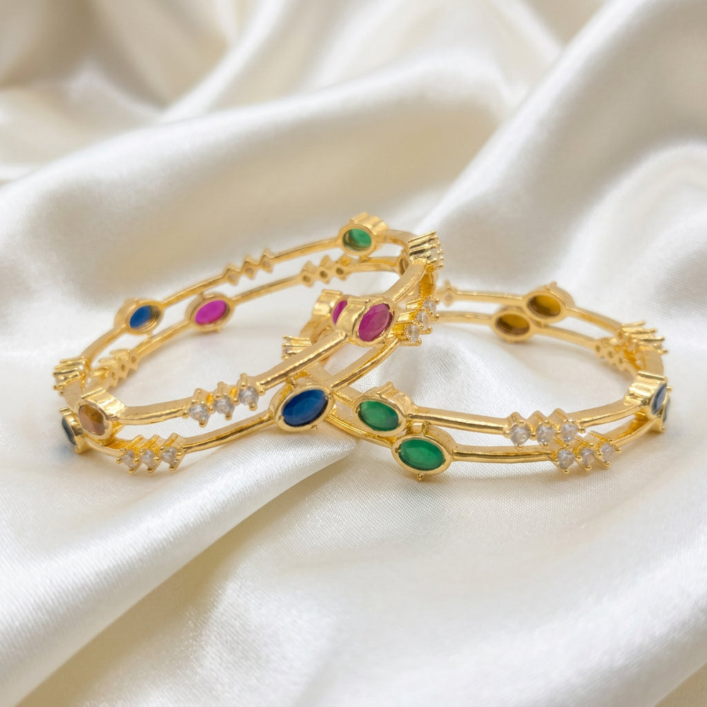 Multi-Color Gemstone Gold Plated Fixed Bangles – Dual Band Oval Stone & CZ Bangle Set