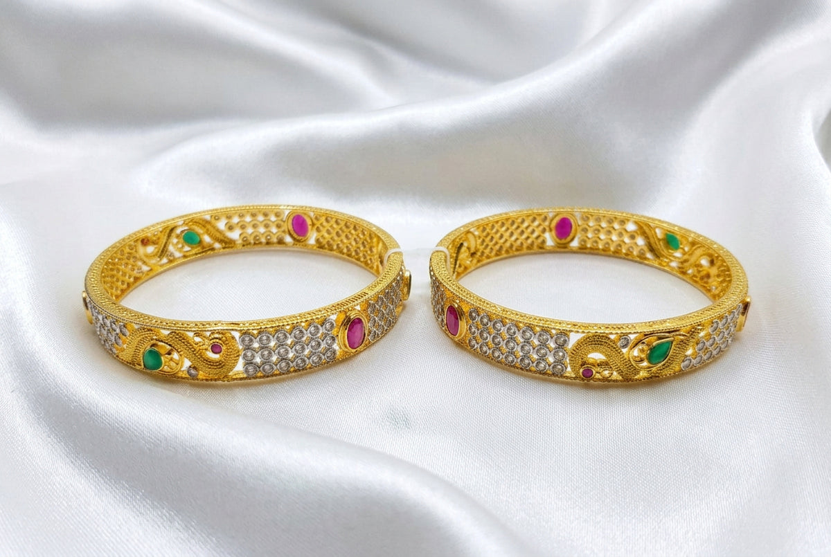 Peacock Motif Gold Plated CZ & Kemp Stone Fixed Bangles