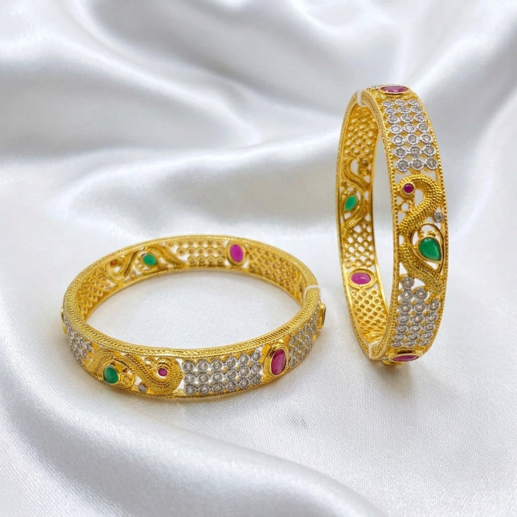 Peacock Motif Gold Plated CZ & Kemp Stone Fixed Bangles