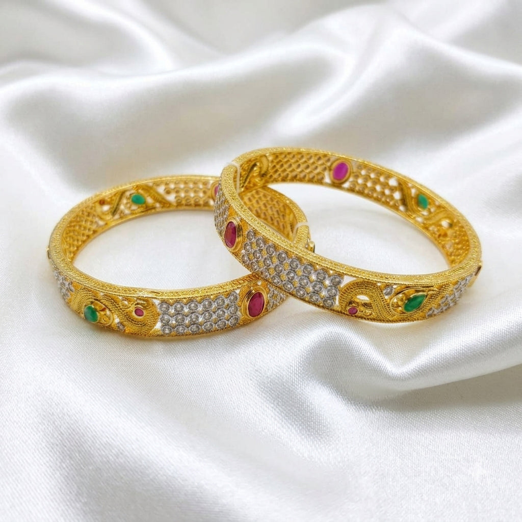 Peacock Motif Gold Plated CZ & Kemp Stone Fixed Bangles