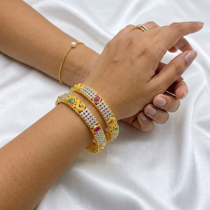 Peacock Motif Gold Plated CZ & Kemp Stone Fixed Bangles