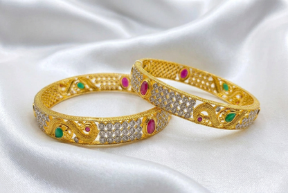 Peacock Motif Gold Plated CZ & Kemp Stone Fixed Bangles