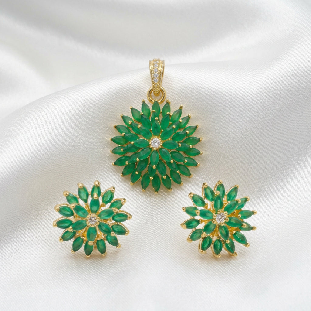 Elegant Green Stone Sunburst Floral Pendant Set – Gold Finish Flower Pendant with Matching Stud Earrings